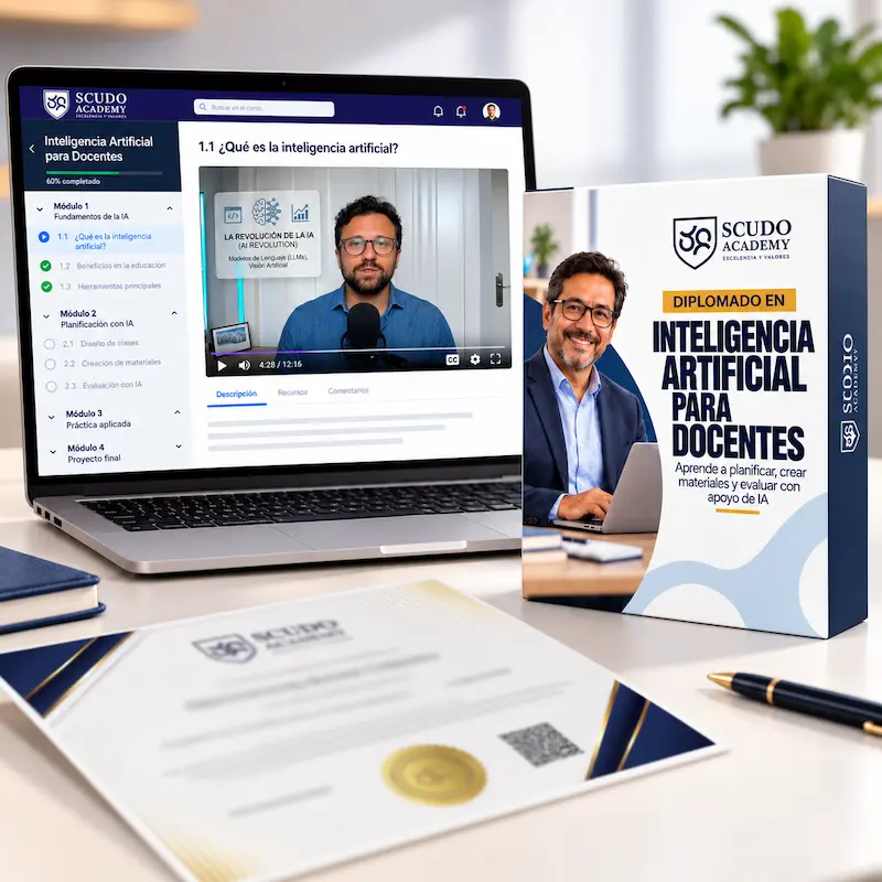 Diplomado en Inteligencia Artificial para Docentes: plataforma, biblioteca de instrucciones, plantillas y diploma de Scudo Academy